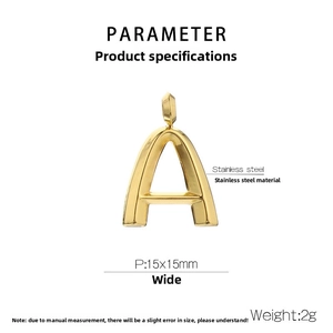 Macro detail of a 15x15mm golden stainless steel letter A pendant with measurement data