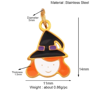 Detail of stainless steel witch charm with size dimensions and technical parameters