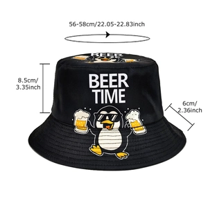 Black cotton bucket hat with 'Beer Time' cartoon penguin print and size measurements