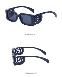 Detail view showing 45 and 90 degree angles of black square sunglasses with side logo