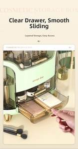 Detail des hellgrünen Kosmetik-Organizers mit transparenten Schubladen und Goldgriffen