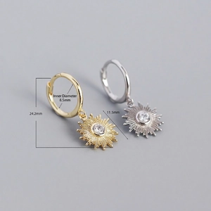 S925 sterling silver sunburst earrings with zircon in gold and silver finish
