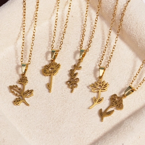 Five 18k gold plated stainless steel necklaces with hollow floral birth flower pendants