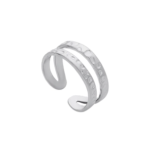 Detailed view of silver double-layer open ring with irregular hammered metal texture