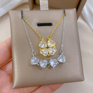 Convertible Clover Heart Necklace Stainless Steel Chain Copper Zircon Pendant Magnetic Folding Jewelry For Women