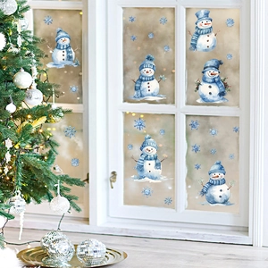 Vintage snowman and snowflake Christmas window stickers on glass for home holiday decor
