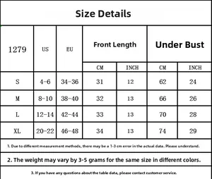 Detailed size chart for lace corset top 1279 featuring US/EU measurements in CM and INCH