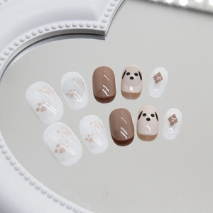 Unghie Finte da Applicare Con Impronta di Zampa di Cane e Motivo Houndstooth per Donna Bambini Corte Tonde Marrone Crema Bianco Decorazione Unghie