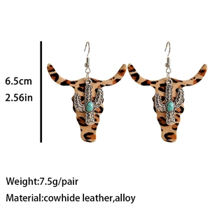 Cowhide leather leopard print bull head earrings with turquoise stone and size dimensions