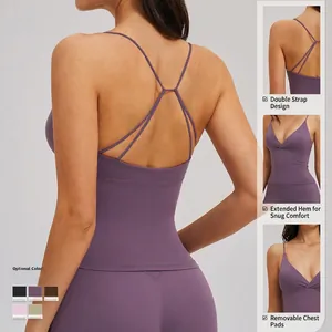 Haut de sport violet pour femme avec dos croisé et ourlet long extensible