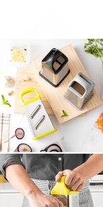 Detail of multi-purpose four-sided stainless steel grater with anti-slip handle and base