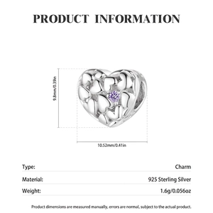 S925 sterling silver heart charm bead with purple zircon inlay for charm bracelets