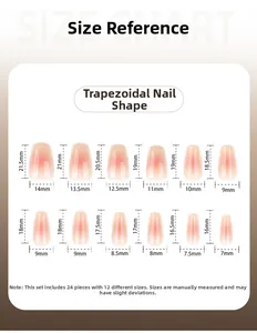 Size chart for gradient nude pink trapezoid press-on nails including 12 different sizes