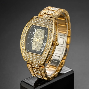 Luxury gold tonneau-shaped quartz watch fully iced out with sparkling crystals