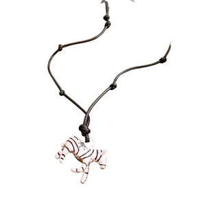 Zebra pendant necklace with black and white stripes on adjustable black wax cord cord
