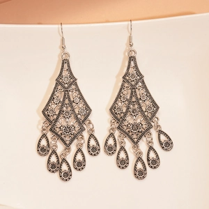 Bohemian Vintage Hollow Floral Teardrop Tassel Dangle Earrings Antique Silver Color Alloy Ethnic Geometric Jewelry Women