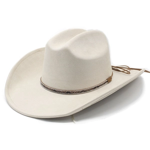 Classic cream faux suede western cowboy hat with decorative brown studded band and rope