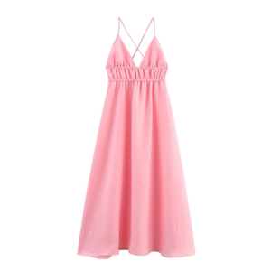 Pink backless halter dress with criss-cross straps and pleated waist detail