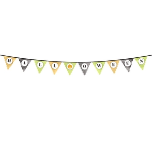 Detail of Halloween banner featuring orange, green, and black stripes with pumpkin icon