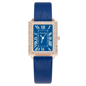 Elegant square women's quartz watch with navy blue leather strap and diamond bezel