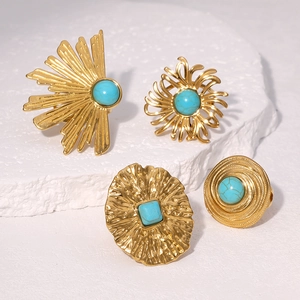 Bague Ouverte Bohême Vintage Pour Femme En Acier Inoxydable Plaqué Or 18 Carats Turquoise Synthétique Bijoux Géométriques