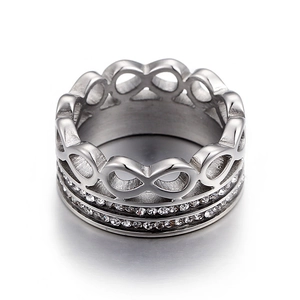 Infinity crown ring in silver stainless steel with double row pave set cubic zirconia