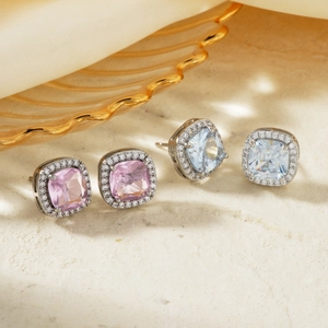Elegant men's square cushion cut cubic zirconia stud earrings in pink and blue finish