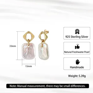 Handmade 925 sterling silver earrings with square baroque freshwater pearls and gold plating