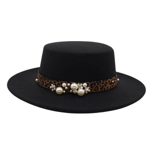 Elegant black wool flat top hat with leopard ribbon and pearl flower decorations