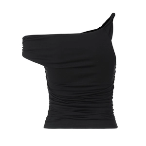 Detailed view of black slim-fit asymmetrical shoulder T-shirt with ruched pleat textures