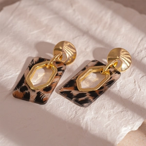 Close-up of leopard print rectangular pendant earrings with gold metallic elements