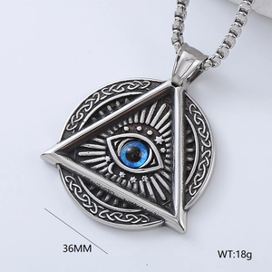 Detailed macro view of silver triangle evil eye pendant with 36mm size and 18g weight info