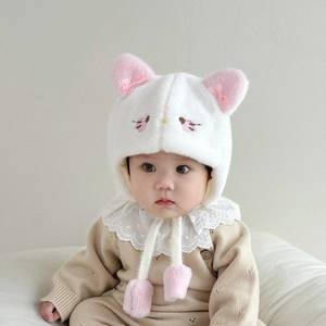 Winter baby plush earflap hat with cute pink cat ears and pom-pom ties for warmth
