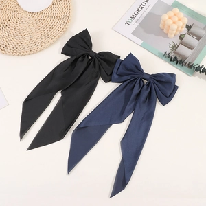Vintage satin oversized bow hair clips with long ribbons in black and navy blue colors