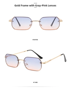 Frameless square sunglasses with gold metal frame and blue-to-pink gradient lenses