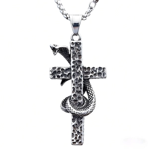 Retro punk style stainless steel cross pendant featuring a coiled cobra snake on a thick chain