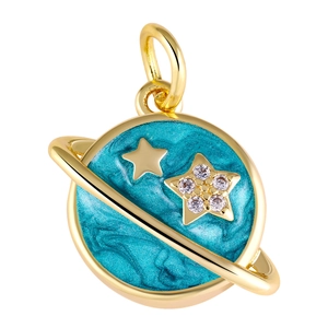 Detail of planet pendant with blue enamel swirl and zircon stars on golden metal