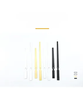 Three color sets of minimalist metal clock hands in silver, gold, and black finishes