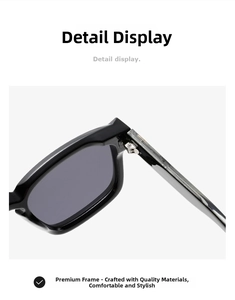 Detailed close-up of the metal hinge and reinforced structure on black square sunglasses