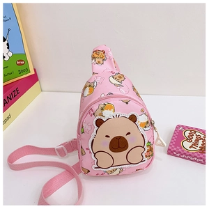 Detailed view of pink Capybara kids crossbody bag with adjustable strap and embroidery