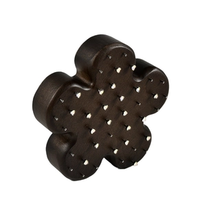 Flower shaped dark wood jewelry display board with heart pins for earrings and studs