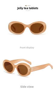 Front and side views of jelly tea oval sunglasses with brown lenses and lightweight frames