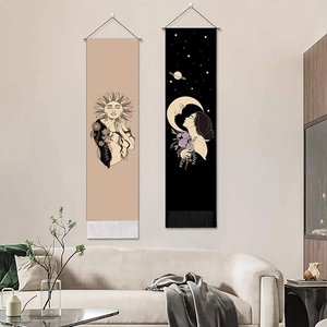 Bohemian sun and moon wall tapestries with tassels and wooden poles for home decor