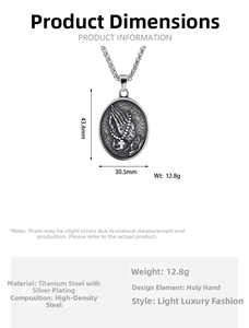 Detail showing vintage praying hands pendant dimensions 43.4x30.5mm in silver finish