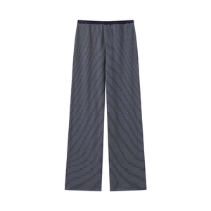 Vue détaillée du pantalon large à rayures bleu marine et blanc avec taille élastique
