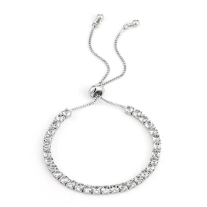 Adjustable silver tennis bracelet with square-cut zircons and slider bolo clasp design