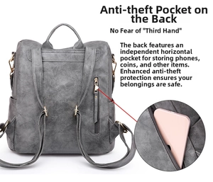 Detail showing back anti-theft zipper pocket on gray leather backpack for smartphone storage