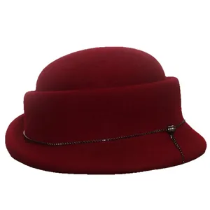 Elegant burgundy wool felt cloche hat with black bead chain trim for women vintage style