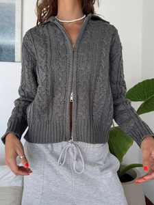 Women's dark grey cable knit zip cardigan sweater for elegant casual autumn winter style