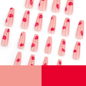 Rosa Sarg-Nägel zum Aufdrücken mit 3D-roten Lippenmustern für Valentinstag, lange Ballettform